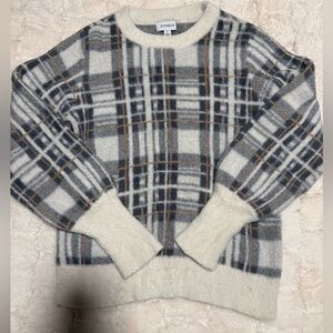Evereve Cream Plaid Crewneck Sweater with Gray and Tan Stripes